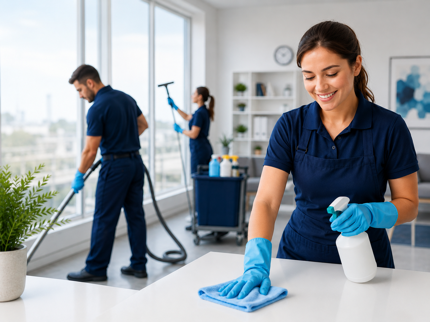 Professional cleaning team cleaning a modern office